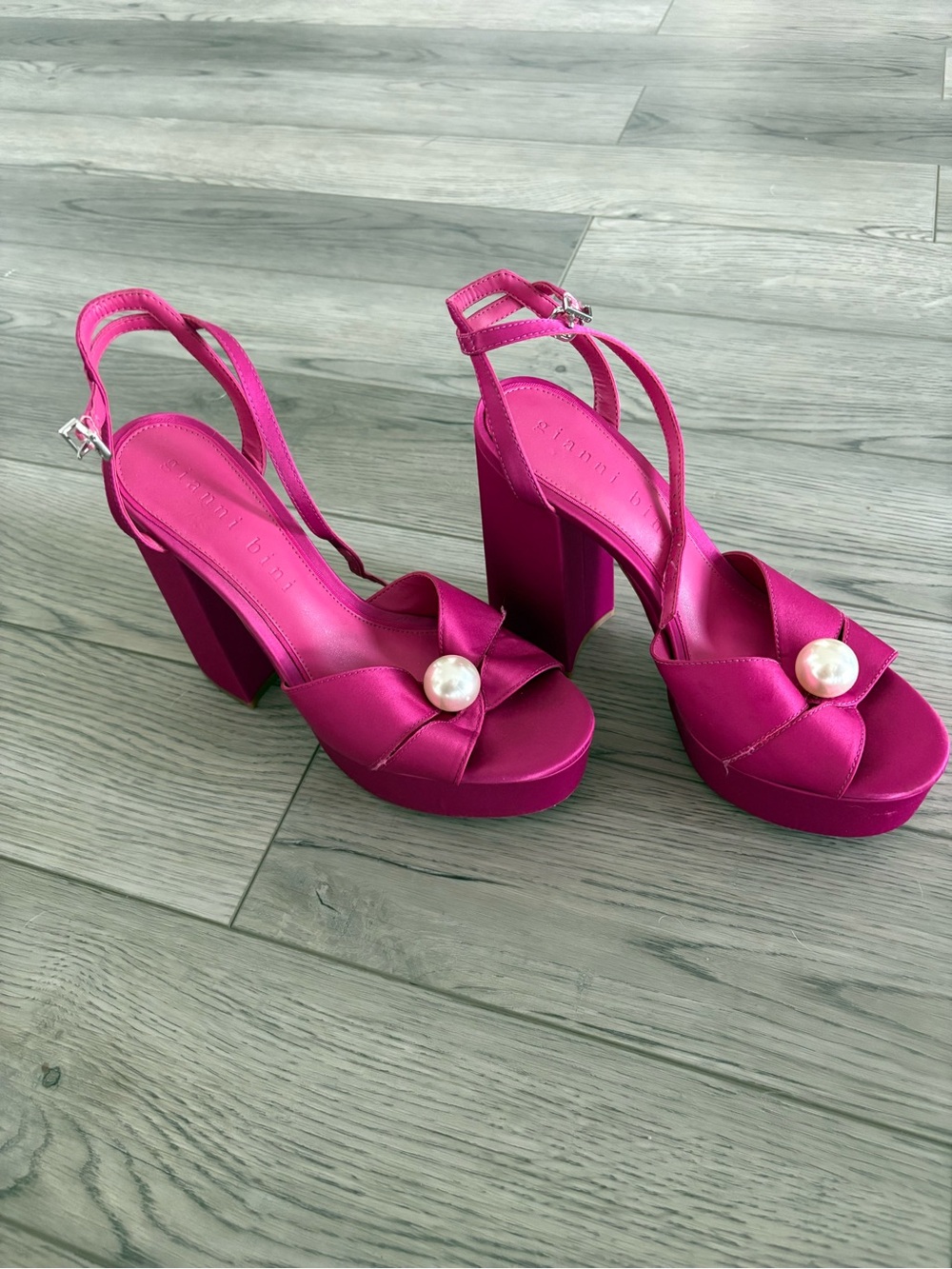 Pink Platform Satin Heeled Sandals with Decorative Pearl